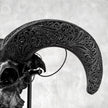 Black Ram Skull Carved Horns with Big Lotus motif on stand - Skull,A/163