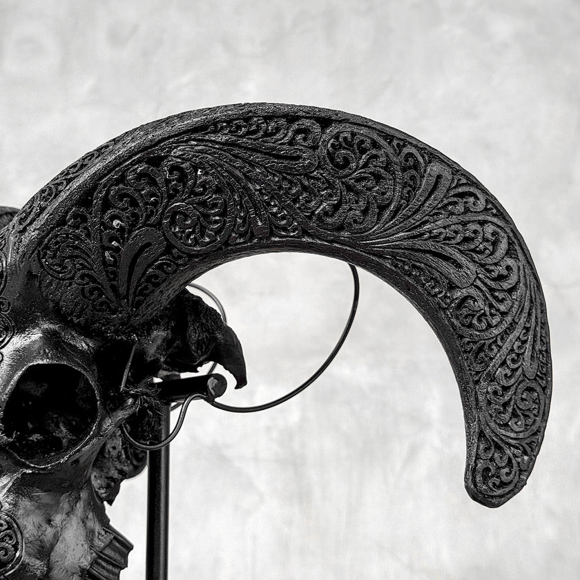 Black Ram Skull Carved Horns with Big Lotus motif on stand - Skull,A/163