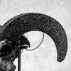 Black Ram Skull Carved Horns with Big Lotus motif on stand - Skull,A/163