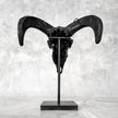 Black Ram Skull Carved Horns with Big Lotus motif on stand - Skull,A/163