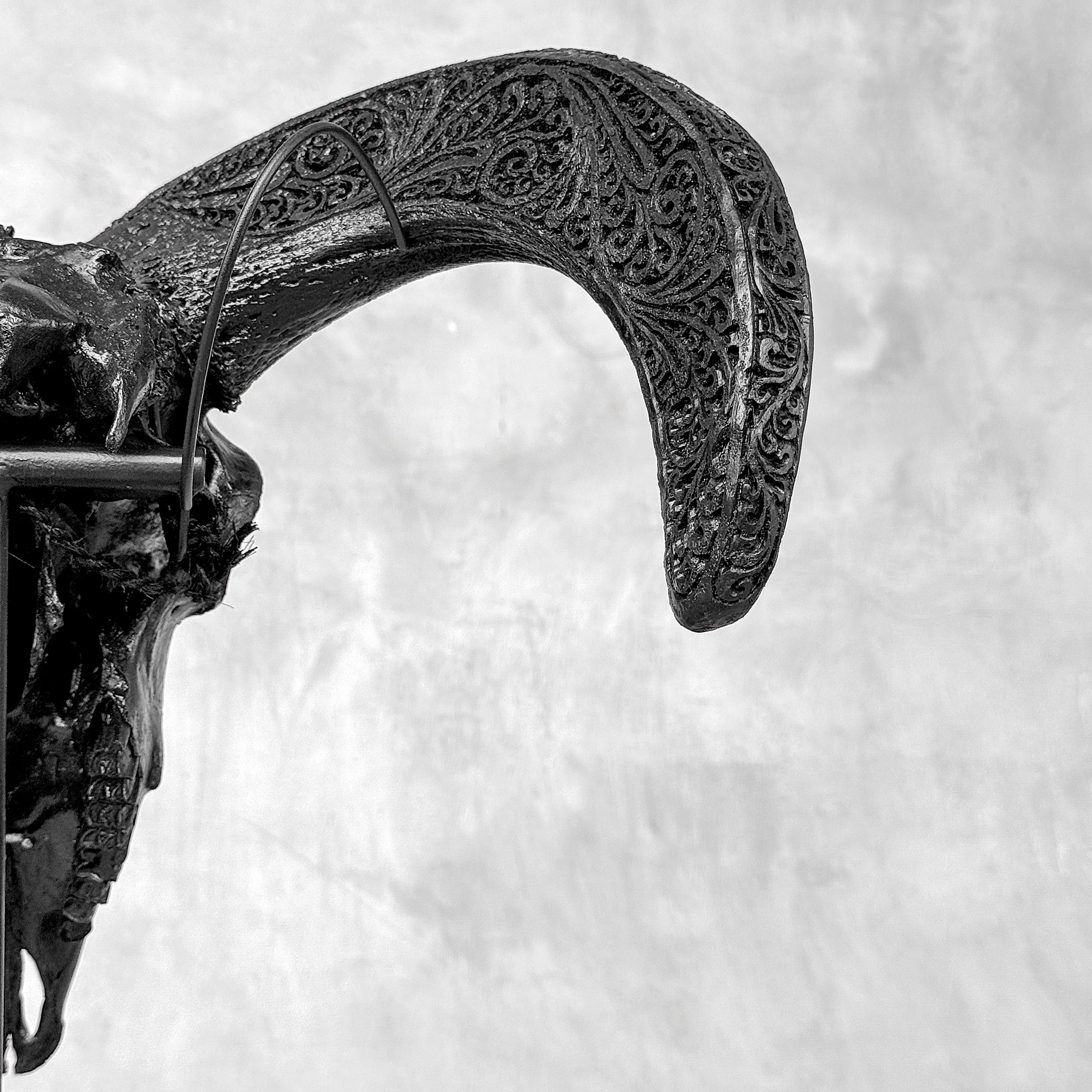 Black Ram Skull Carved Horns with Big Lotus motif on stand - Skull,A/163
