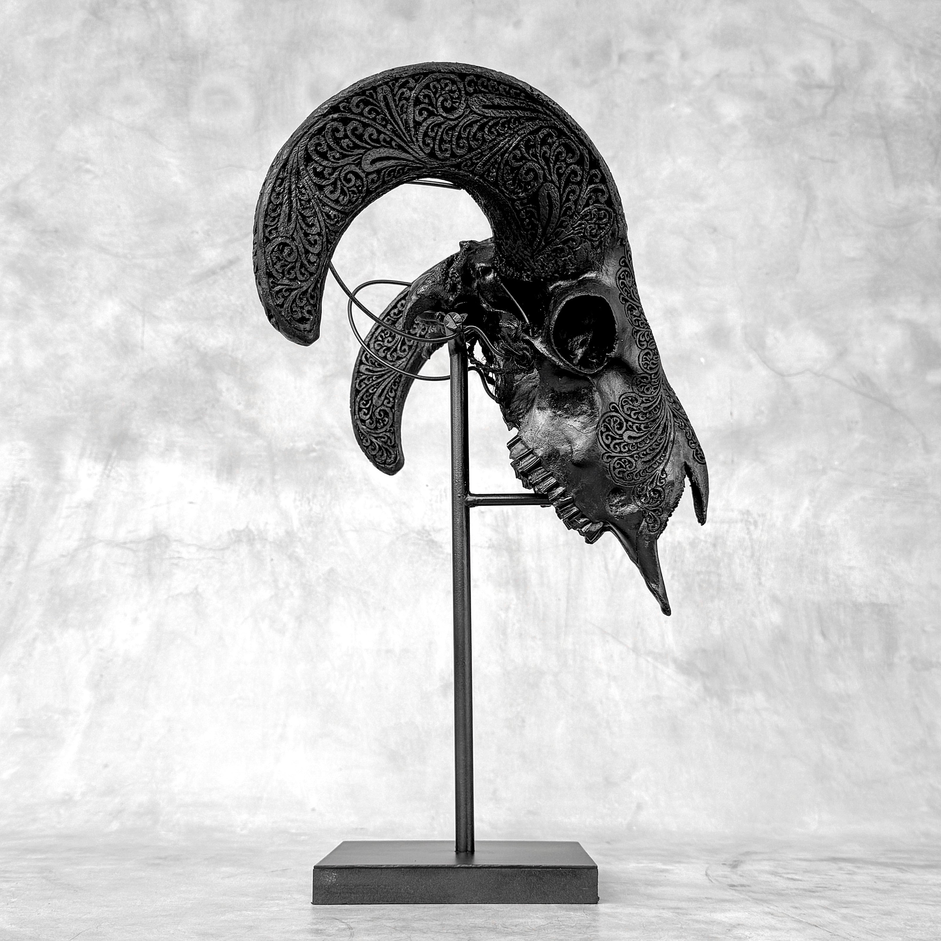 Black Ram Skull Carved Horns with Big Lotus motif on stand - Skull,A/163