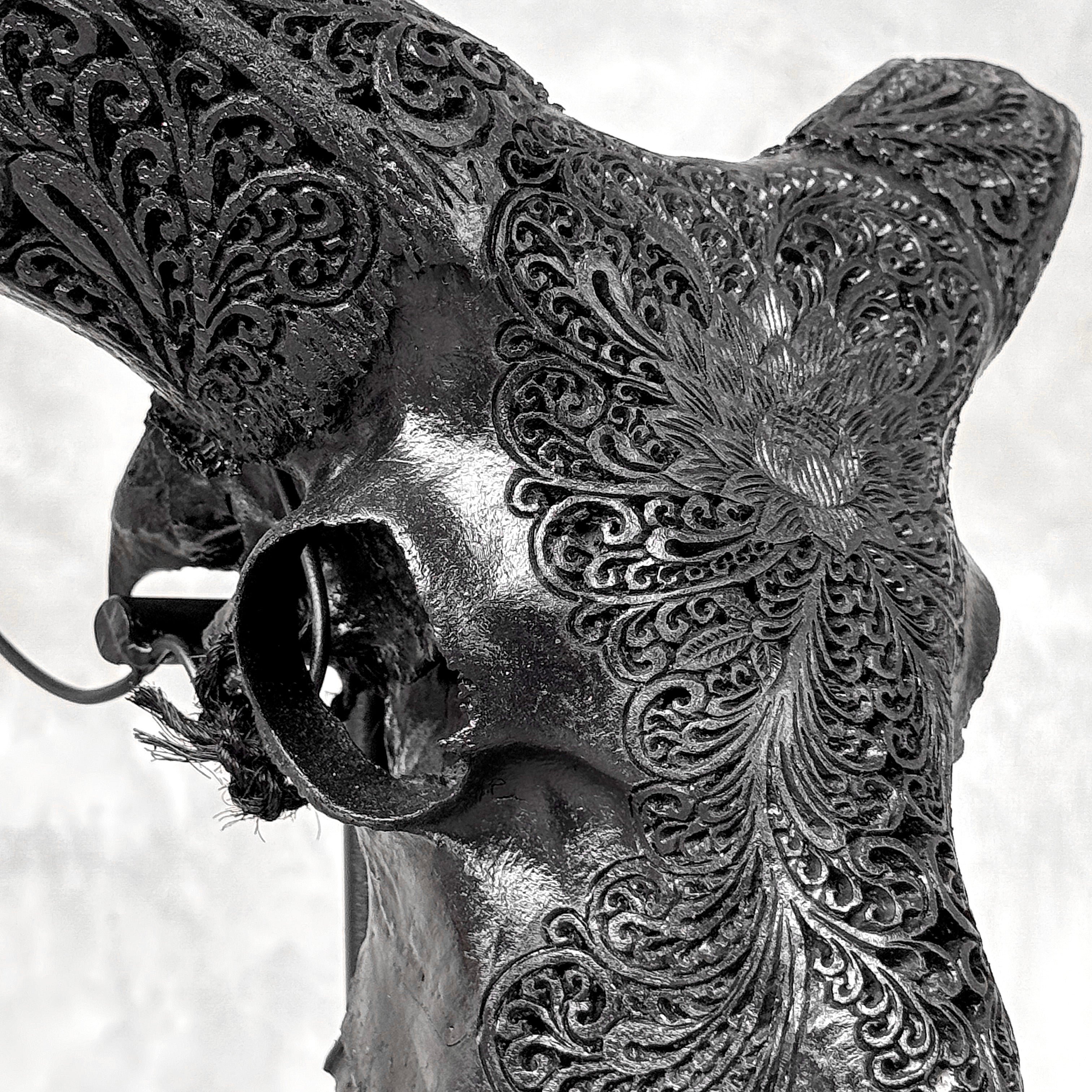 Black Ram Skull Carved Horns with Big Lotus motif on stand - Skull,A/163