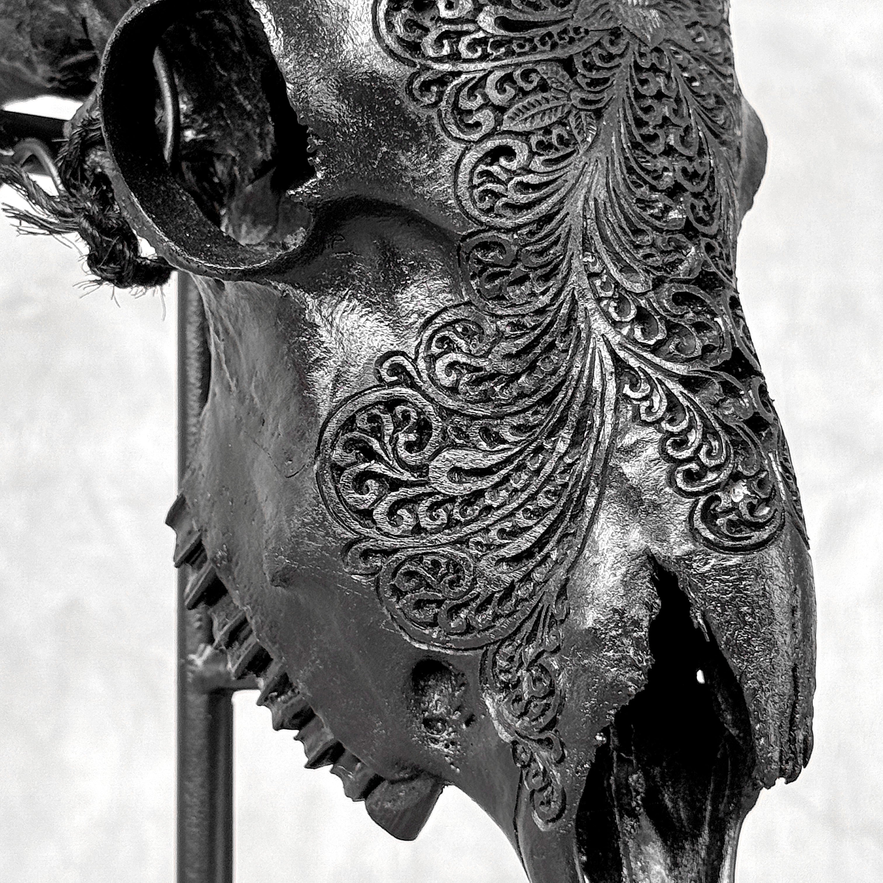 Black Ram Skull Carved Horns with Big Lotus motif on stand - Skull,A/163