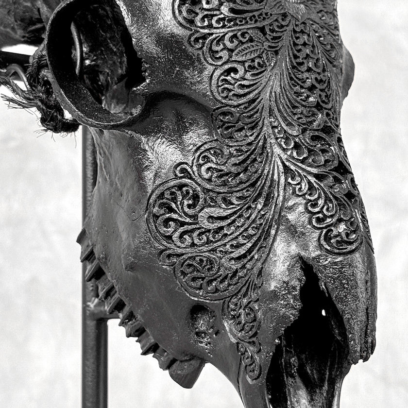 Black Ram Skull Carved Horns with Big Lotus motif on stand - Skull,A/163