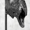 Black Ram Skull Carved Horns with Big Lotus motif on stand - Skull,A/163