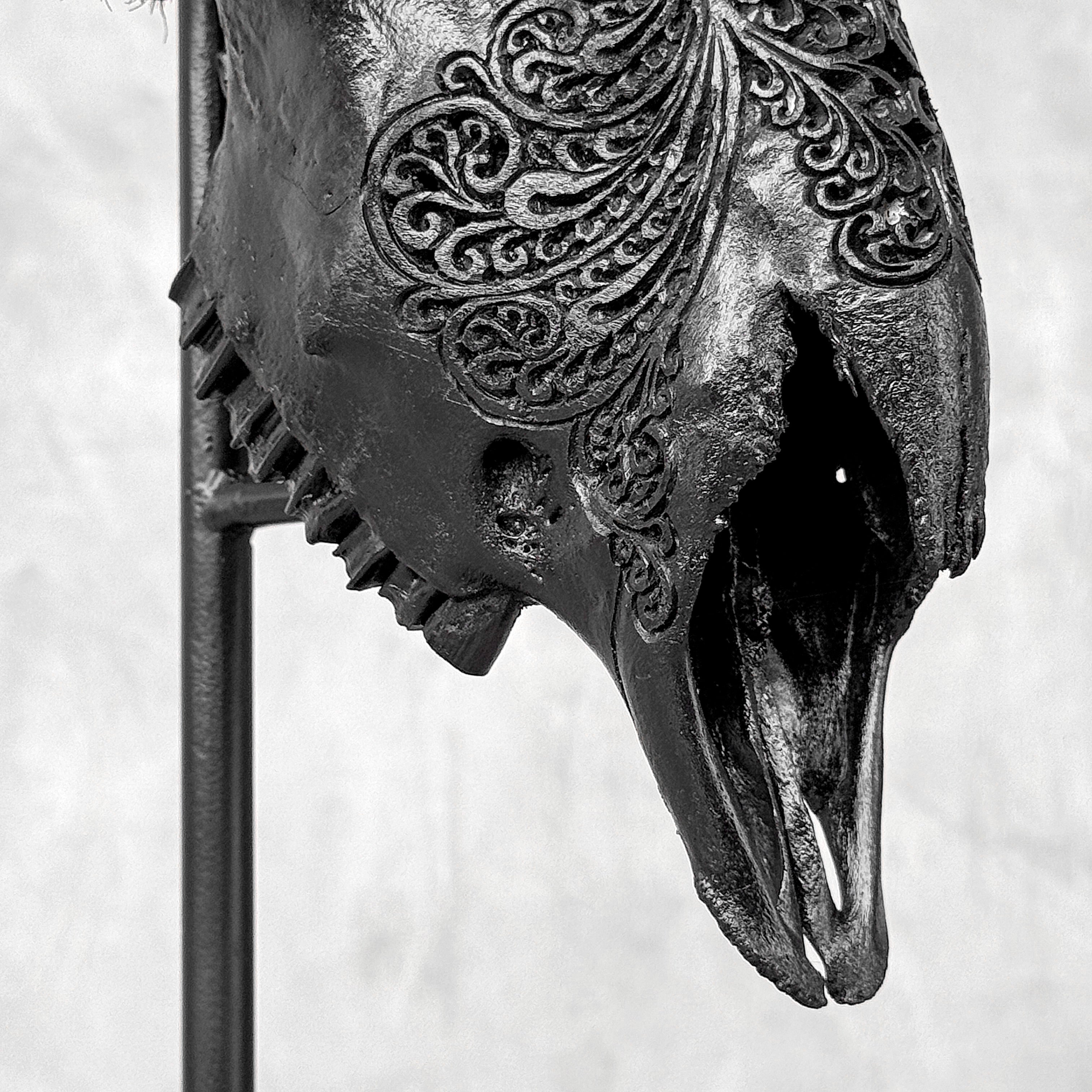 Black Ram Skull Carved Horns with Big Lotus motif on stand - Skull,A/163