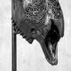 Black Ram Skull Carved Horns with Big Lotus motif on stand - Skull,A/163