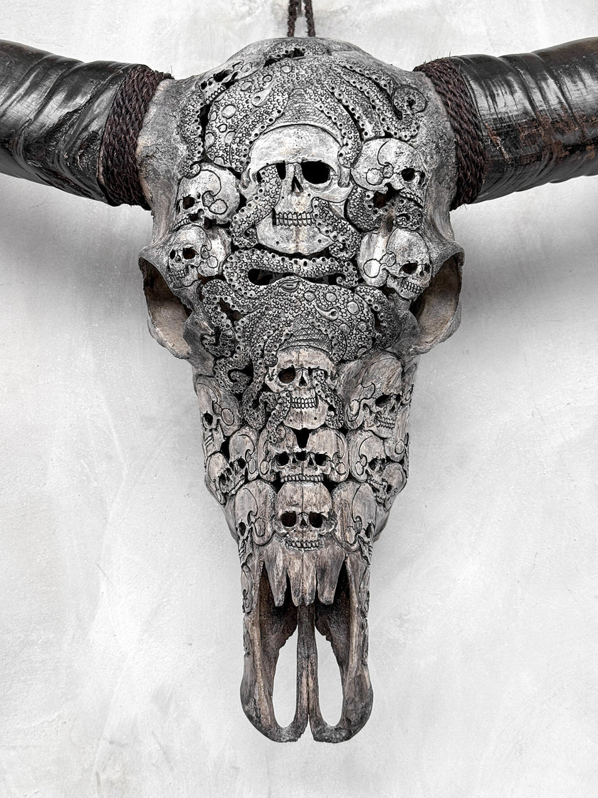 Caved Waterbuffalo Skulls with Skull And Octopus Carving Skull,A/180