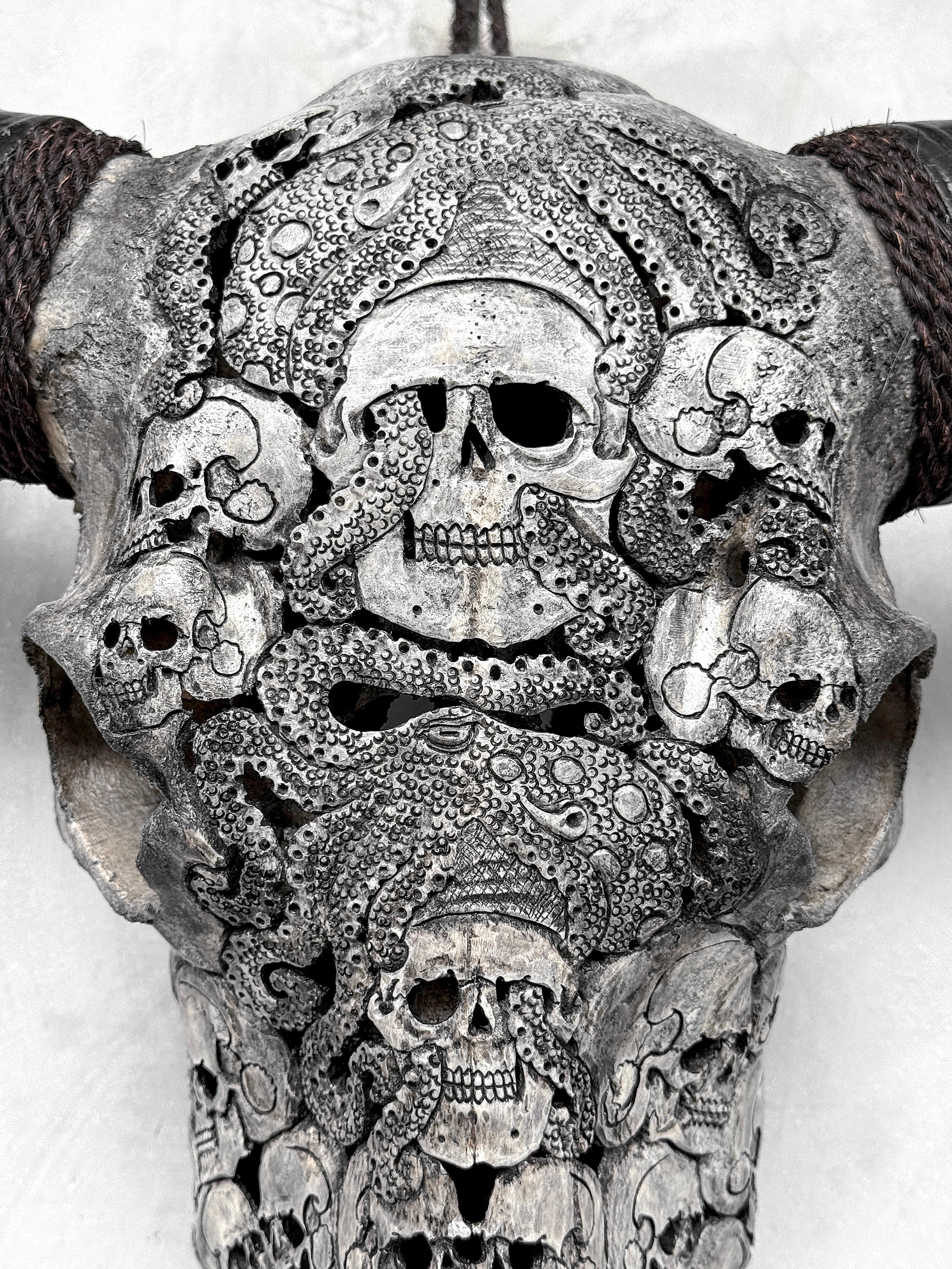 Caved Waterbuffalo Skulls with Skull And Octopus Carving Skull,A/180