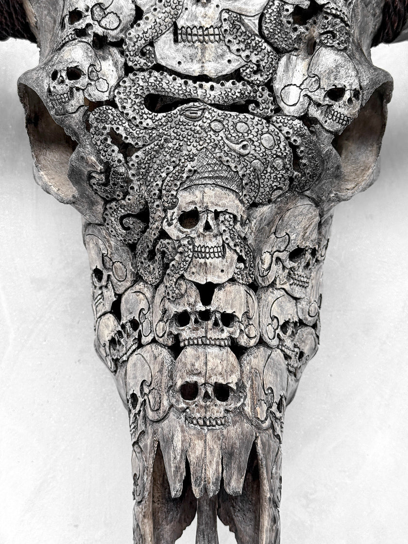 Caved Waterbuffalo Skulls with Skull And Octopus Carving Skull,A/180