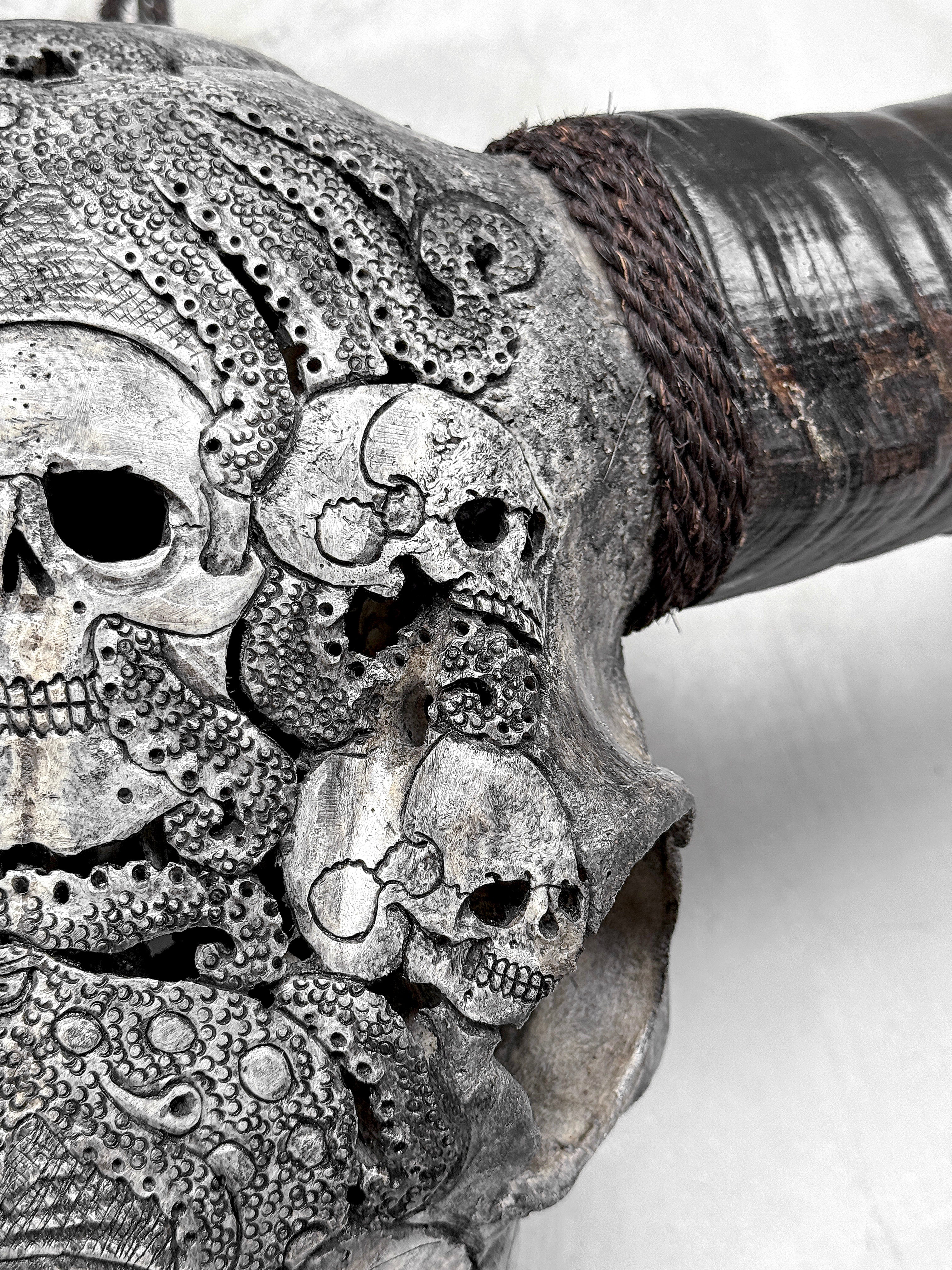 Caved Waterbuffalo Skulls with Skull And Octopus Carving Skull,A/180