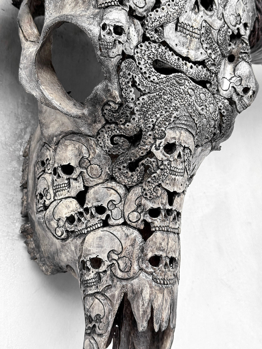 Caved Waterbuffalo Skulls with Skull And Octopus Carving Skull,A/180