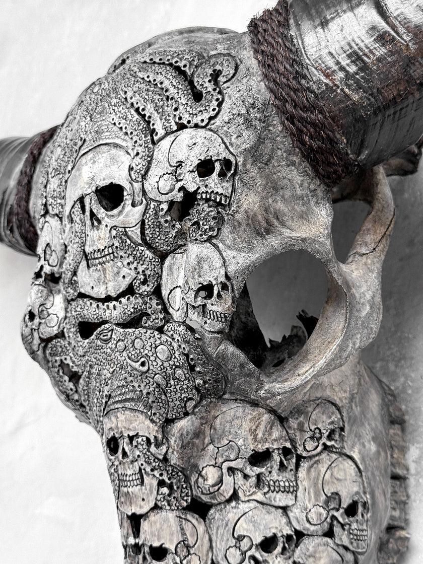 Caved Waterbuffalo Skulls with Skull And Octopus Carving Skull,A/180
