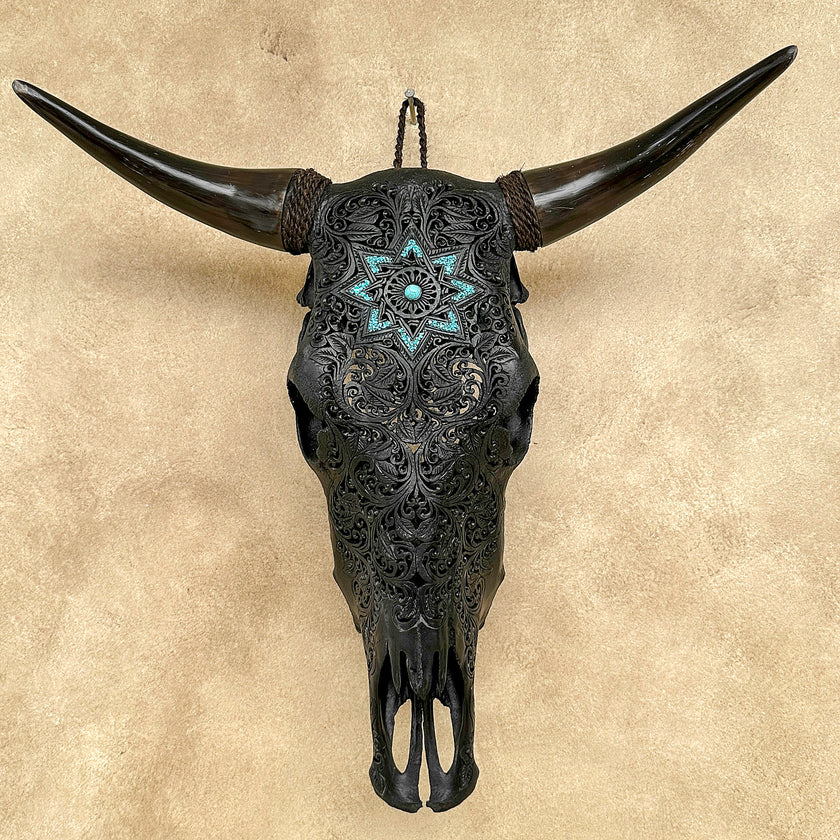 Carved Bull Skull with Turquoise Accents - Star Mandala motif | Skull,A/190