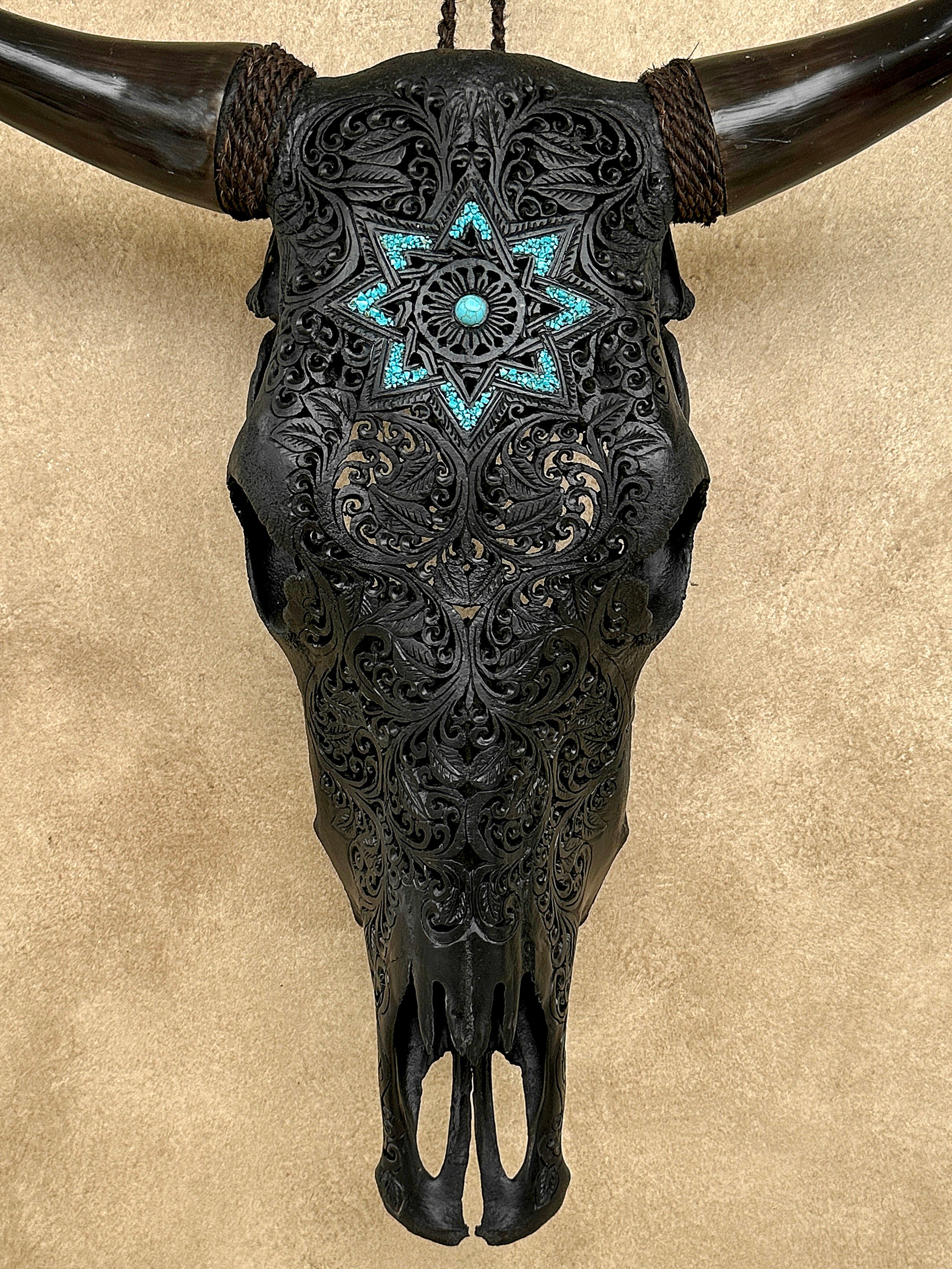 Carved Bull Skull with Turquoise Accents - Star Mandala motif | Skull,A/190