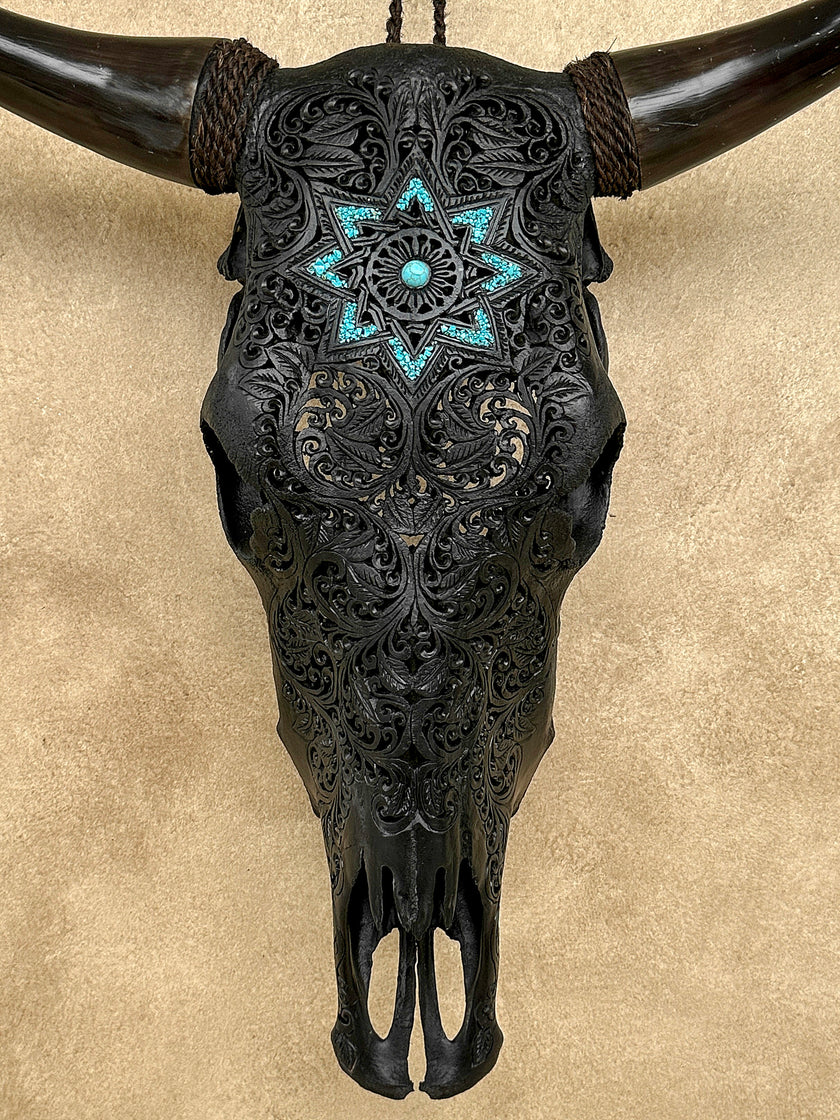 Carved Bull Skull with Turquoise Accents - Star Mandala motif | Skull,A/190