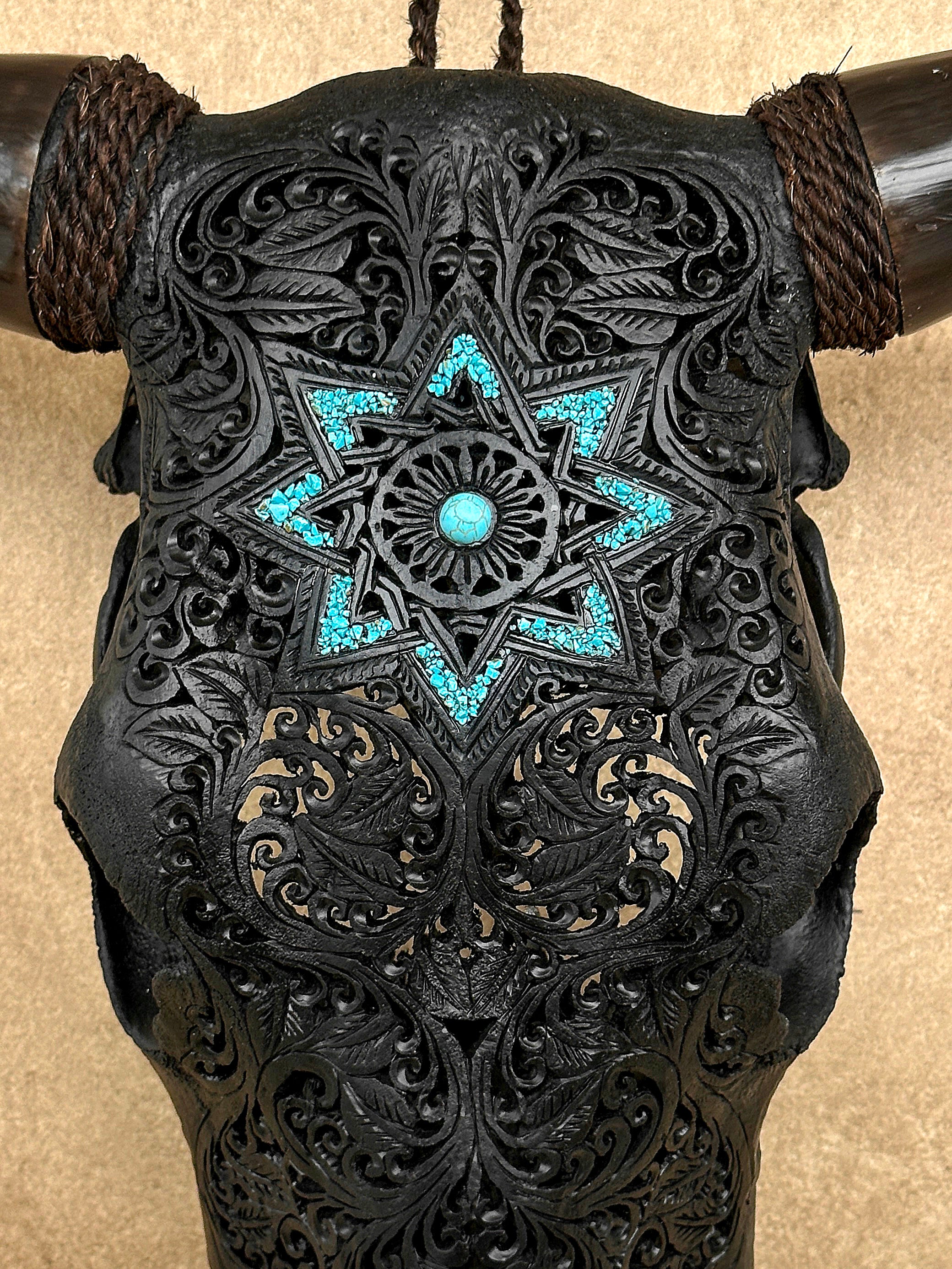 Carved Bull Skull with Turquoise Accents - Star Mandala motif | Skull,A/190