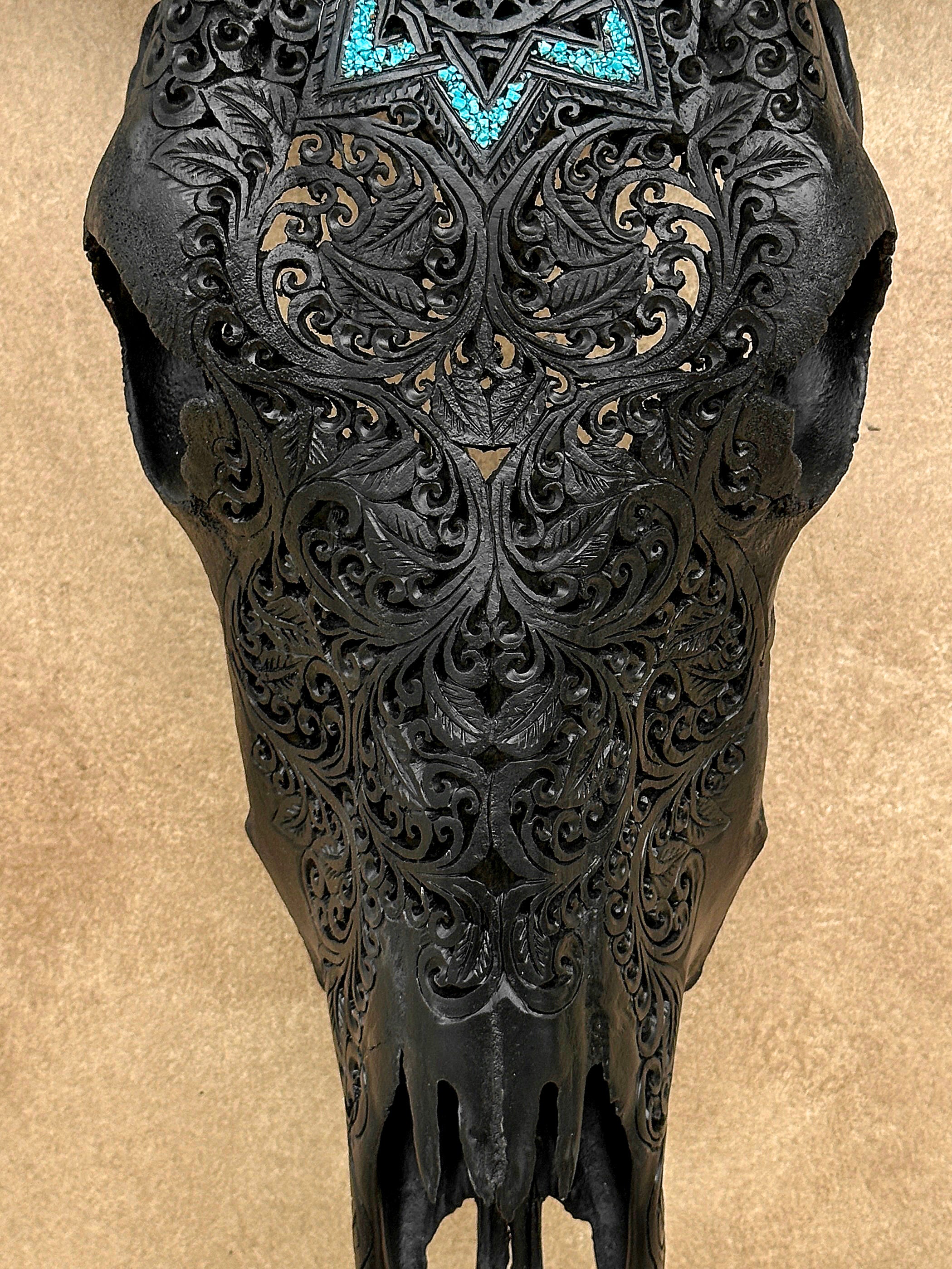 Carved Bull Skull with Turquoise Accents - Star Mandala motif | Skull,A/190