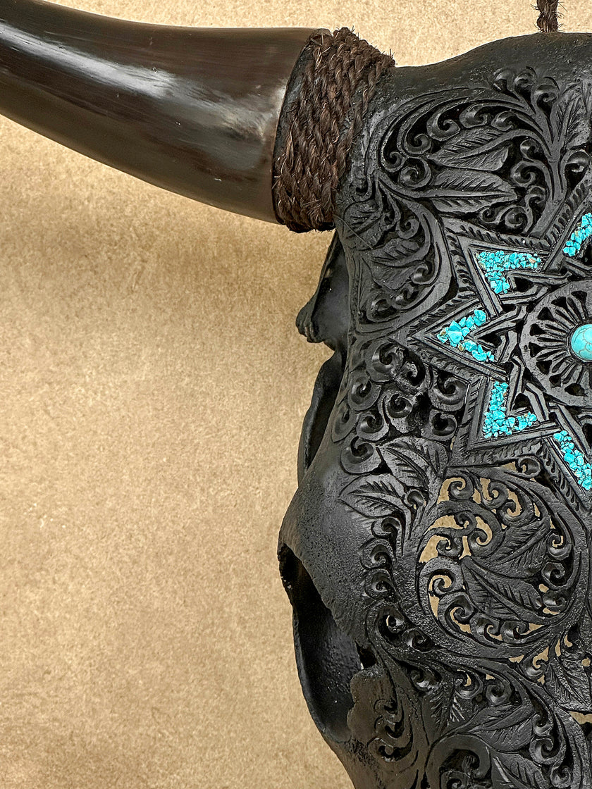 Carved Bull Skull with Turquoise Accents - Star Mandala motif | Skull,A/190