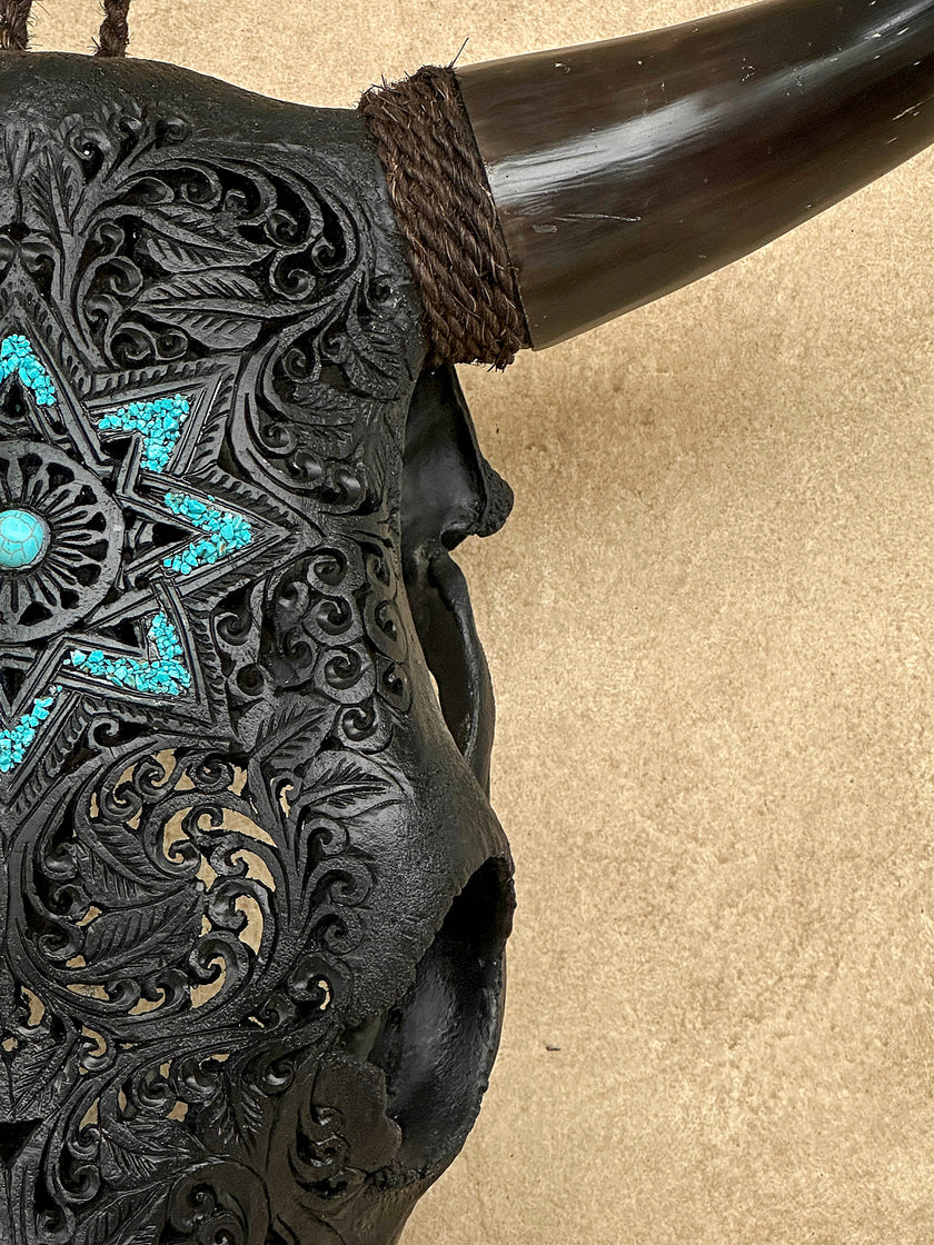 Carved Bull Skull with Turquoise Accents - Star Mandala motif | Skull,A/190