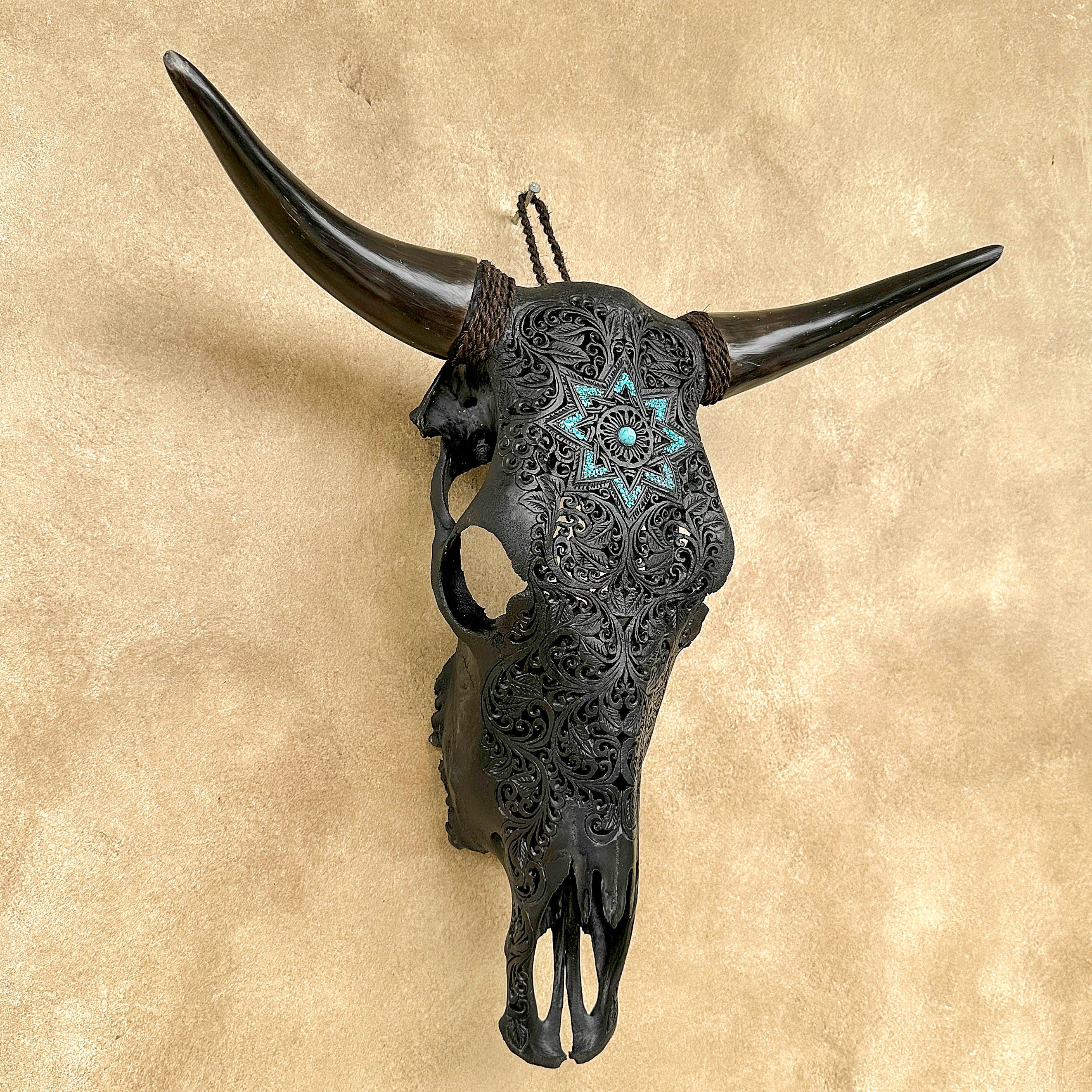 Carved Bull Skull with Turquoise Accents - Star Mandala motif | Skull,A/190