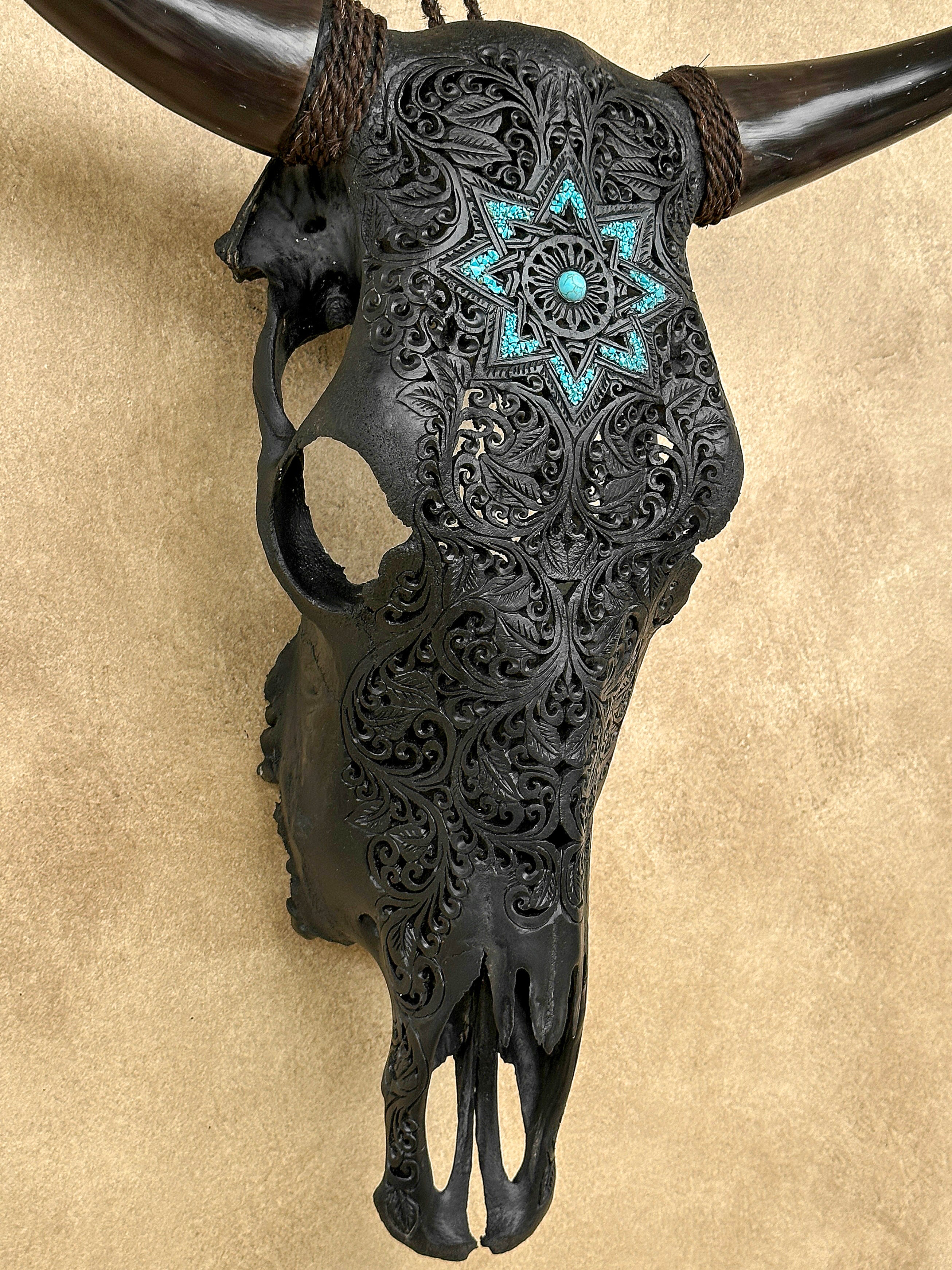 Carved Bull Skull with Turquoise Accents - Star Mandala motif | Skull,A/190