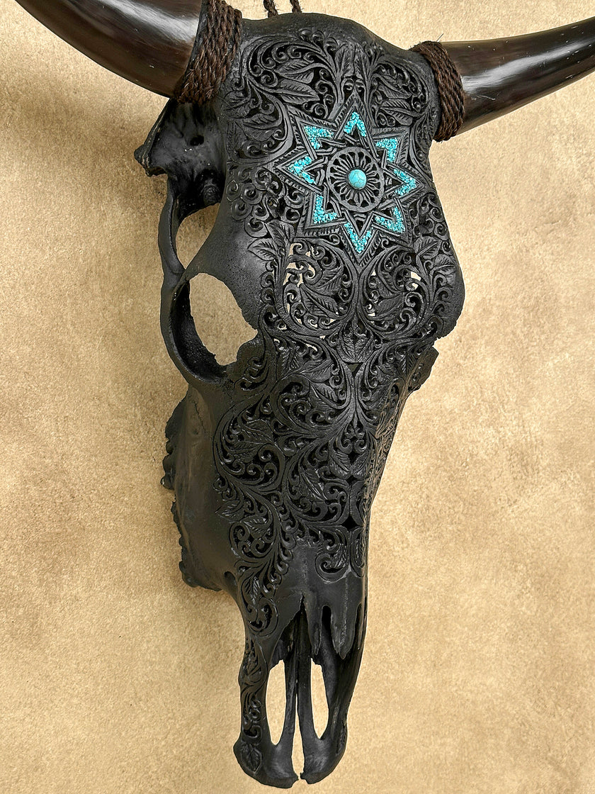 Carved Bull Skull with Turquoise Accents - Star Mandala motif | Skull,A/190