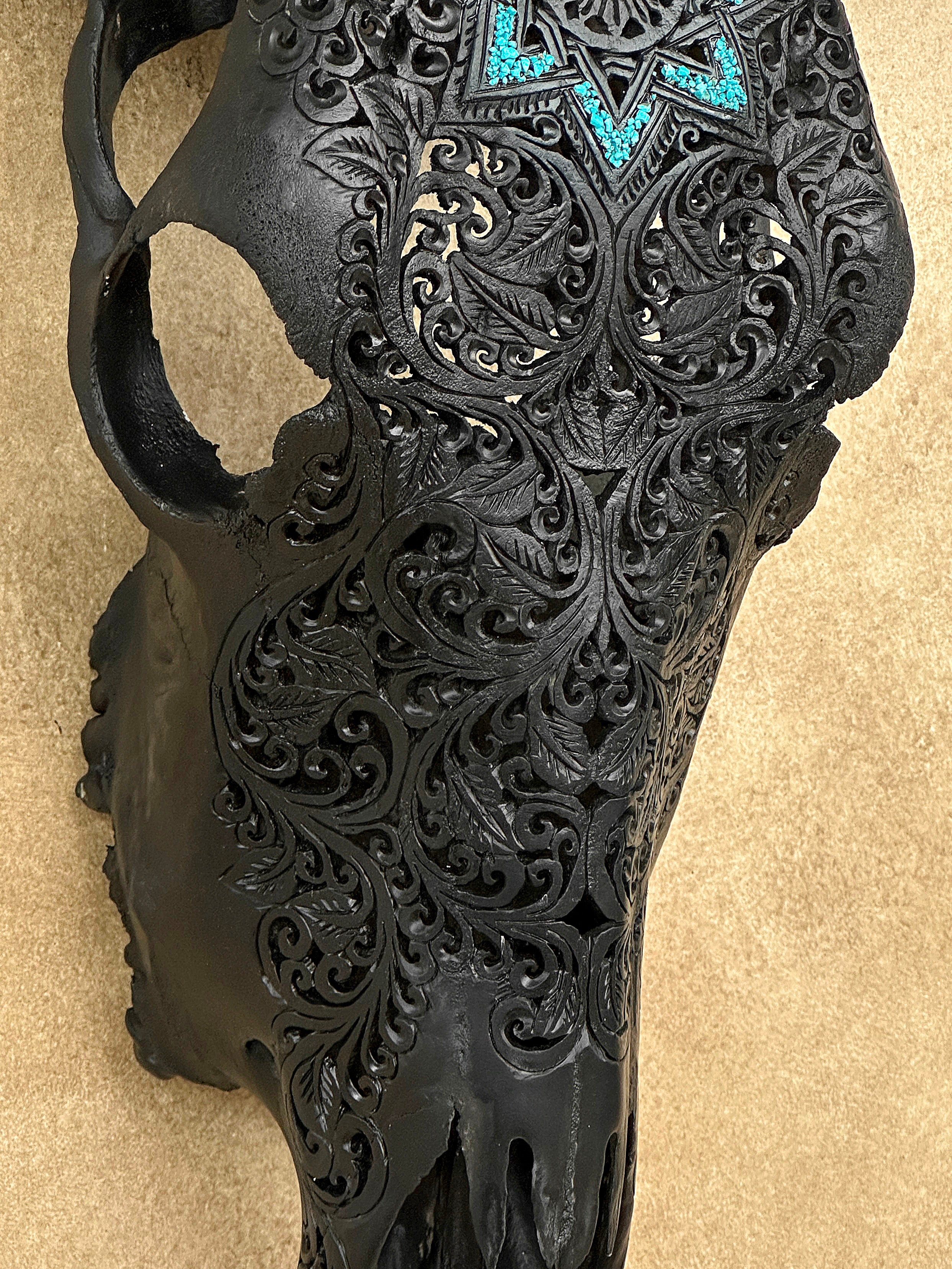 Carved Bull Skull with Turquoise Accents - Star Mandala motif | Skull,A/190