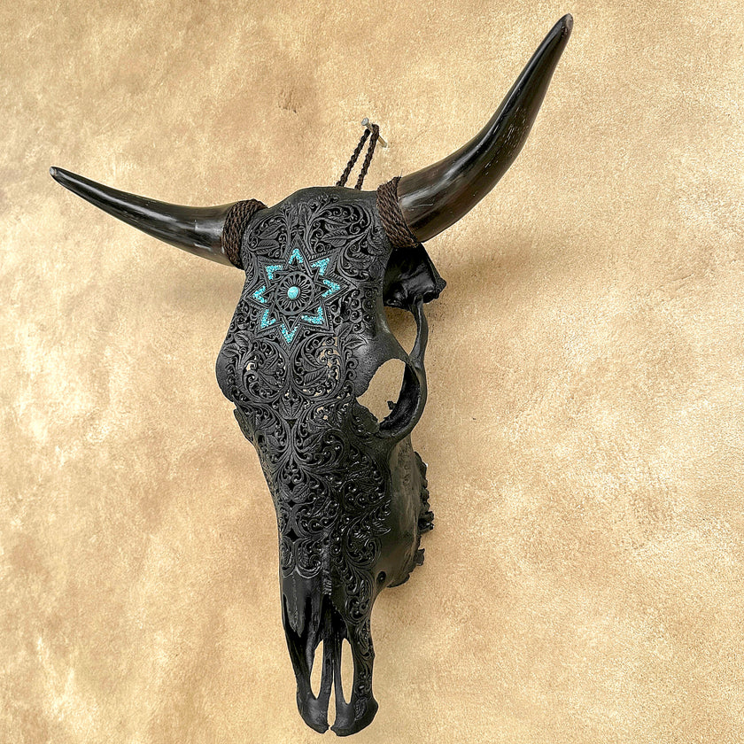 Carved Bull Skull with Turquoise Accents - Star Mandala motif | Skull,A/190