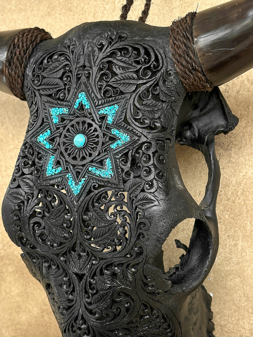 Carved Bull Skull with Turquoise Accents - Star Mandala motif | Skull,A/190
