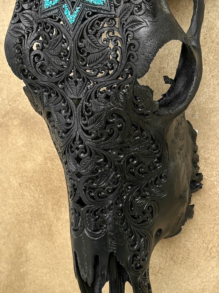 Carved Bull Skull with Turquoise Accents - Star Mandala motif | Skull,A/190