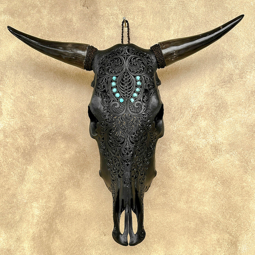 Carved Bull Skull with Turquoise Accents - Leaf motif | Skull,A/189