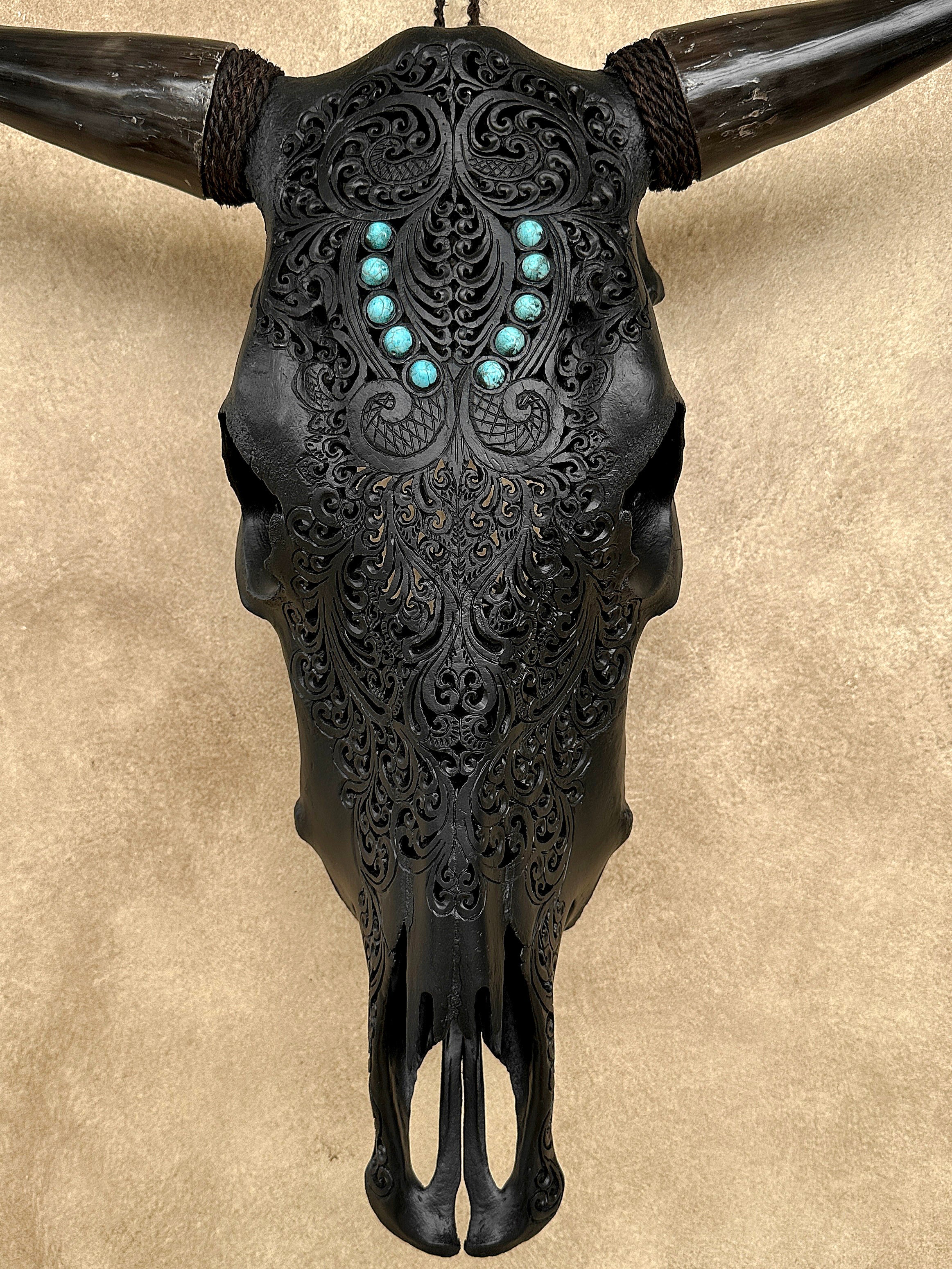 Carved Bull Skull with Turquoise Accents - Leaf motif | Skull,A/189