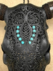 Carved Bull Skull with Turquoise Accents - Leaf motif | Skull,A/189