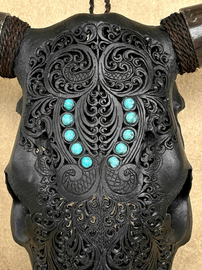Carved Bull Skull with Turquoise Accents - Leaf motif | Skull,A/189