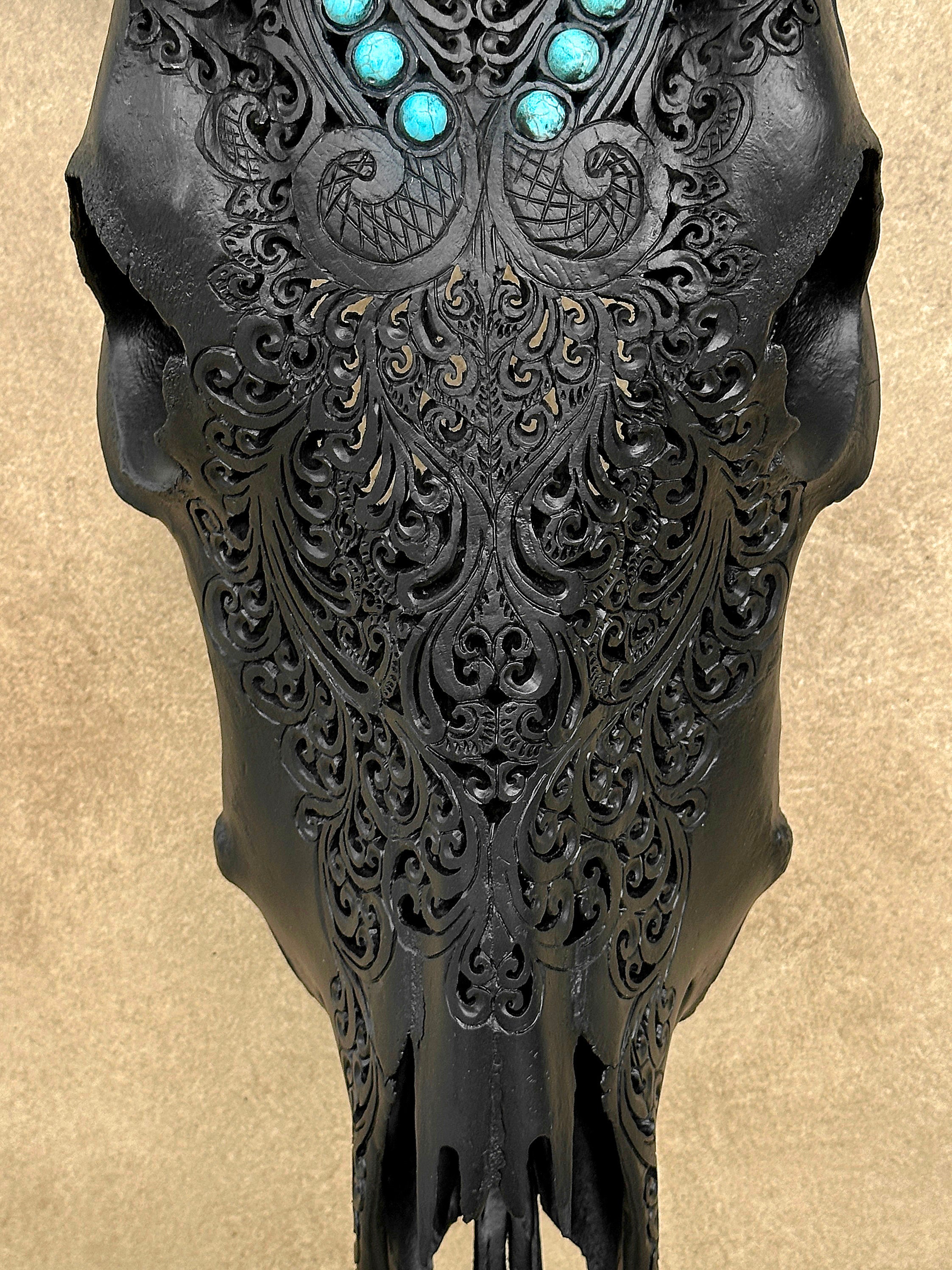 Carved Bull Skull with Turquoise Accents - Leaf motif | Skull,A/189