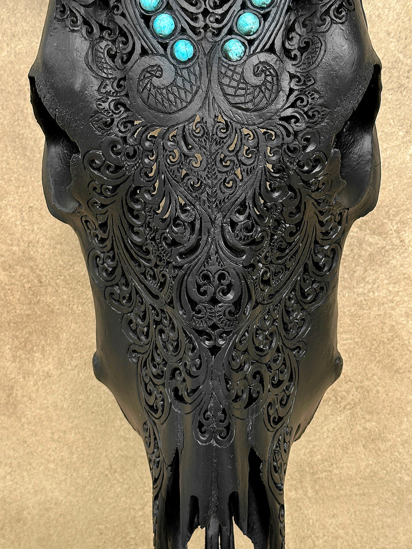 Carved Bull Skull with Turquoise Accents - Leaf motif | Skull,A/189