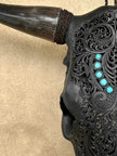 Carved Bull Skull with Turquoise Accents - Leaf motif | Skull,A/189