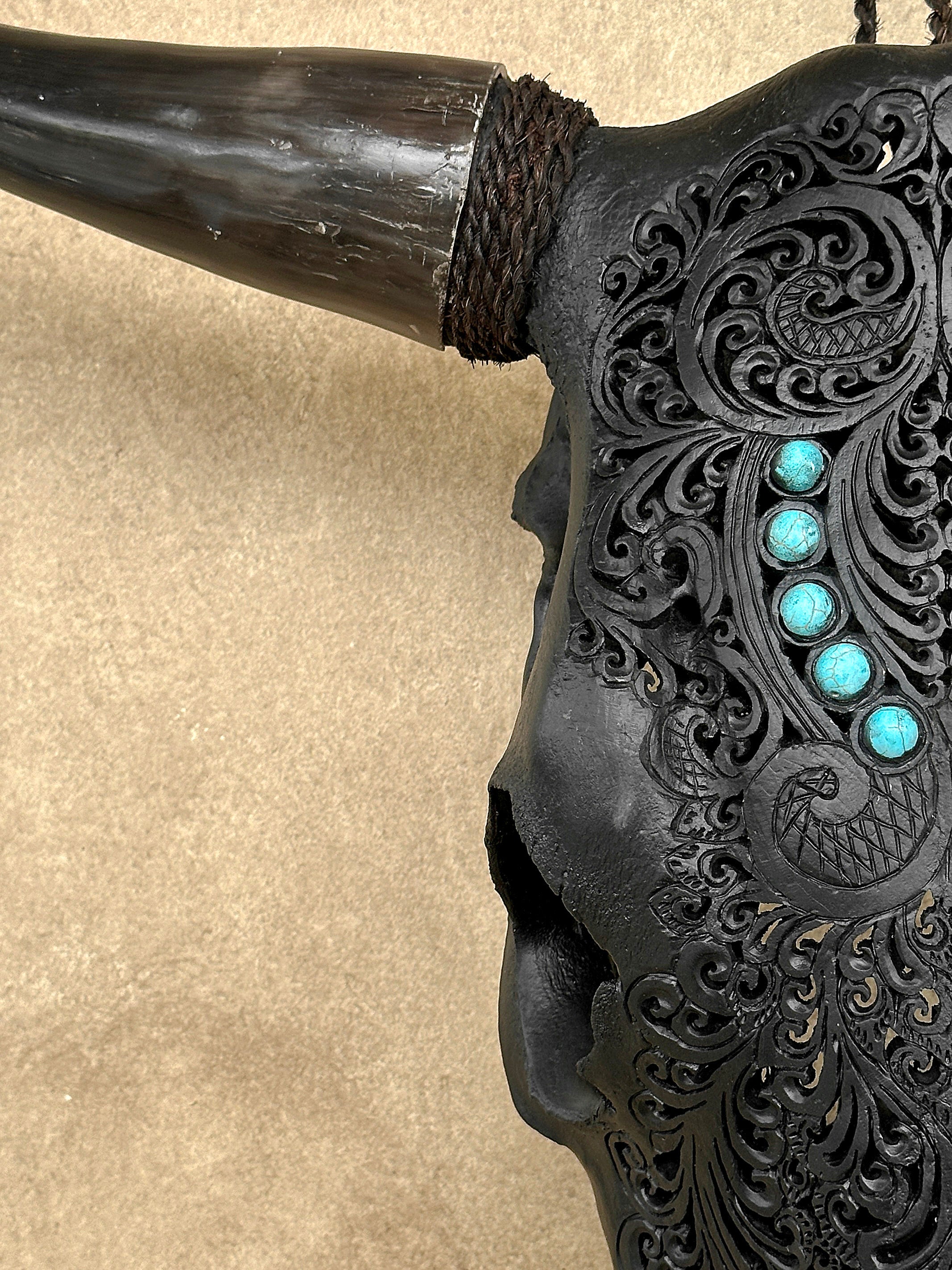 Carved Bull Skull with Turquoise Accents - Leaf motif | Skull,A/189