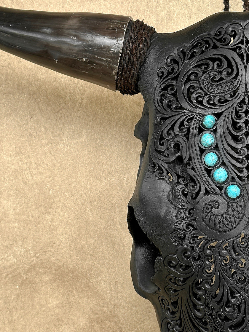 Carved Bull Skull with Turquoise Accents - Leaf motif | Skull,A/189
