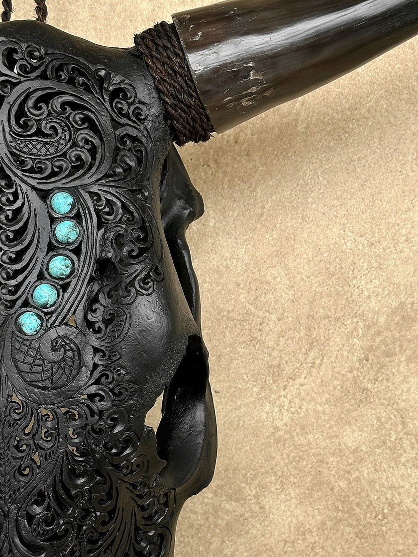 Carved Bull Skull with Turquoise Accents - Leaf motif | Skull,A/189