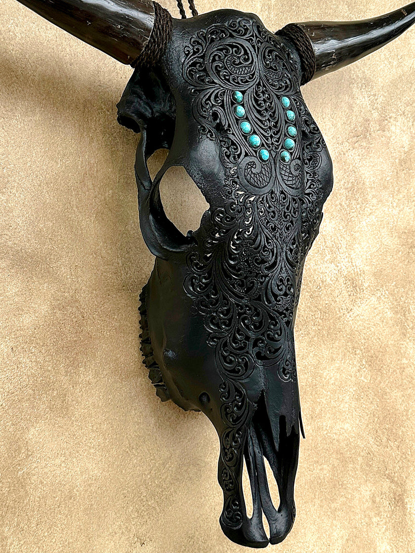 Carved Bull Skull with Turquoise Accents - Leaf motif | Skull,A/189
