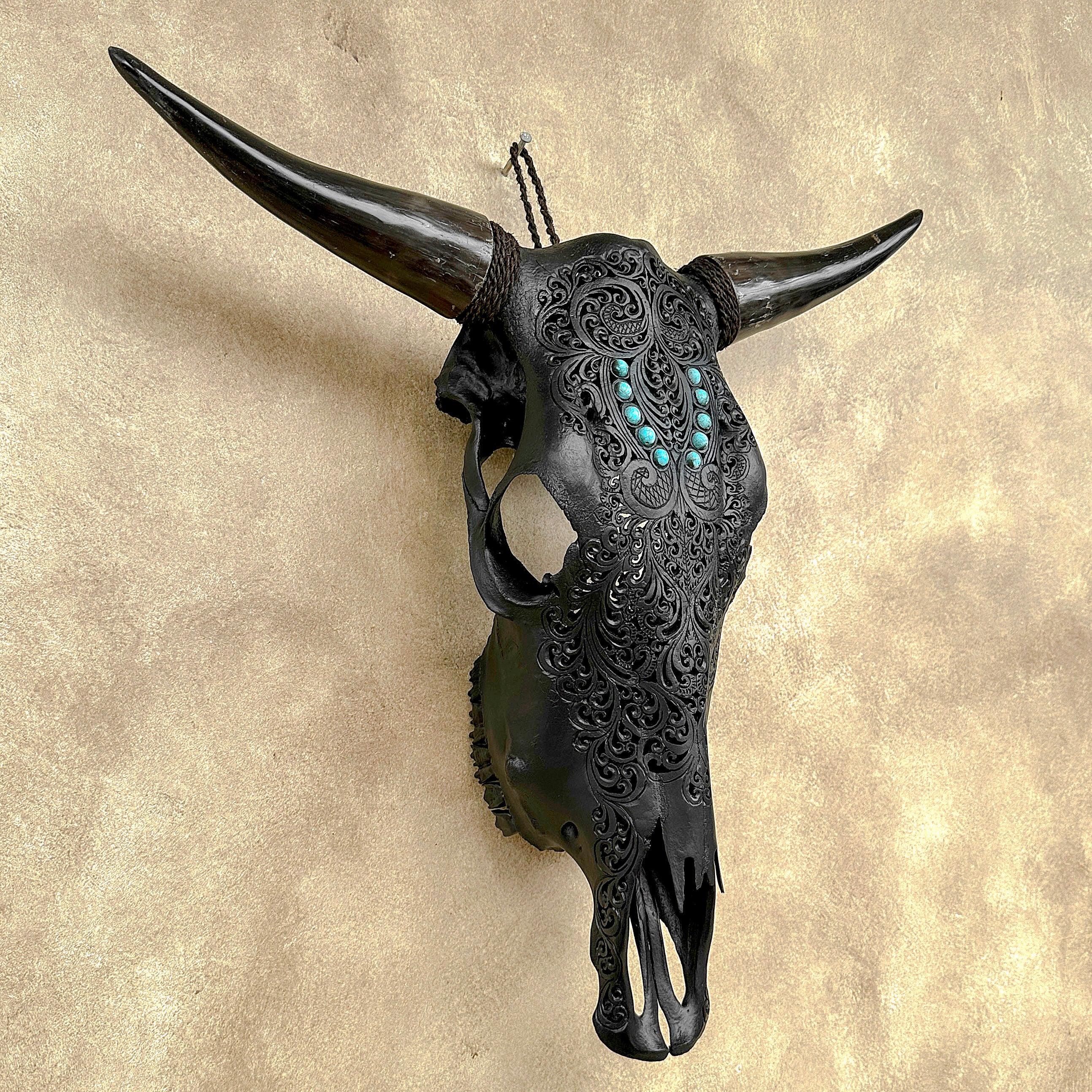 Carved Bull Skull with Turquoise Accents - Leaf motif | Skull,A/189