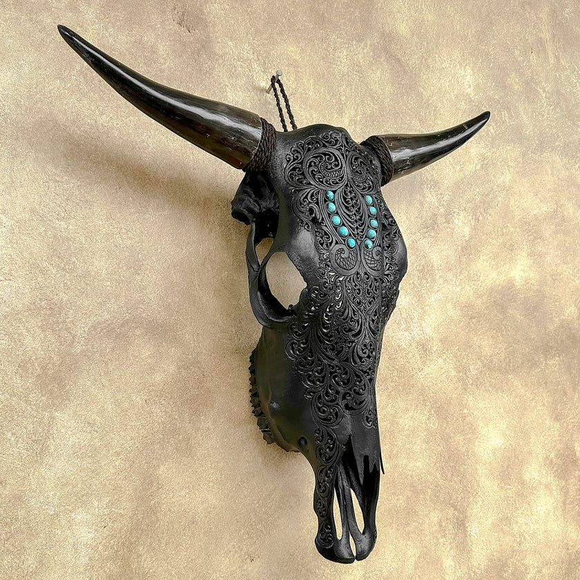 Carved Bull Skull with Turquoise Accents - Leaf motif | Skull,A/189