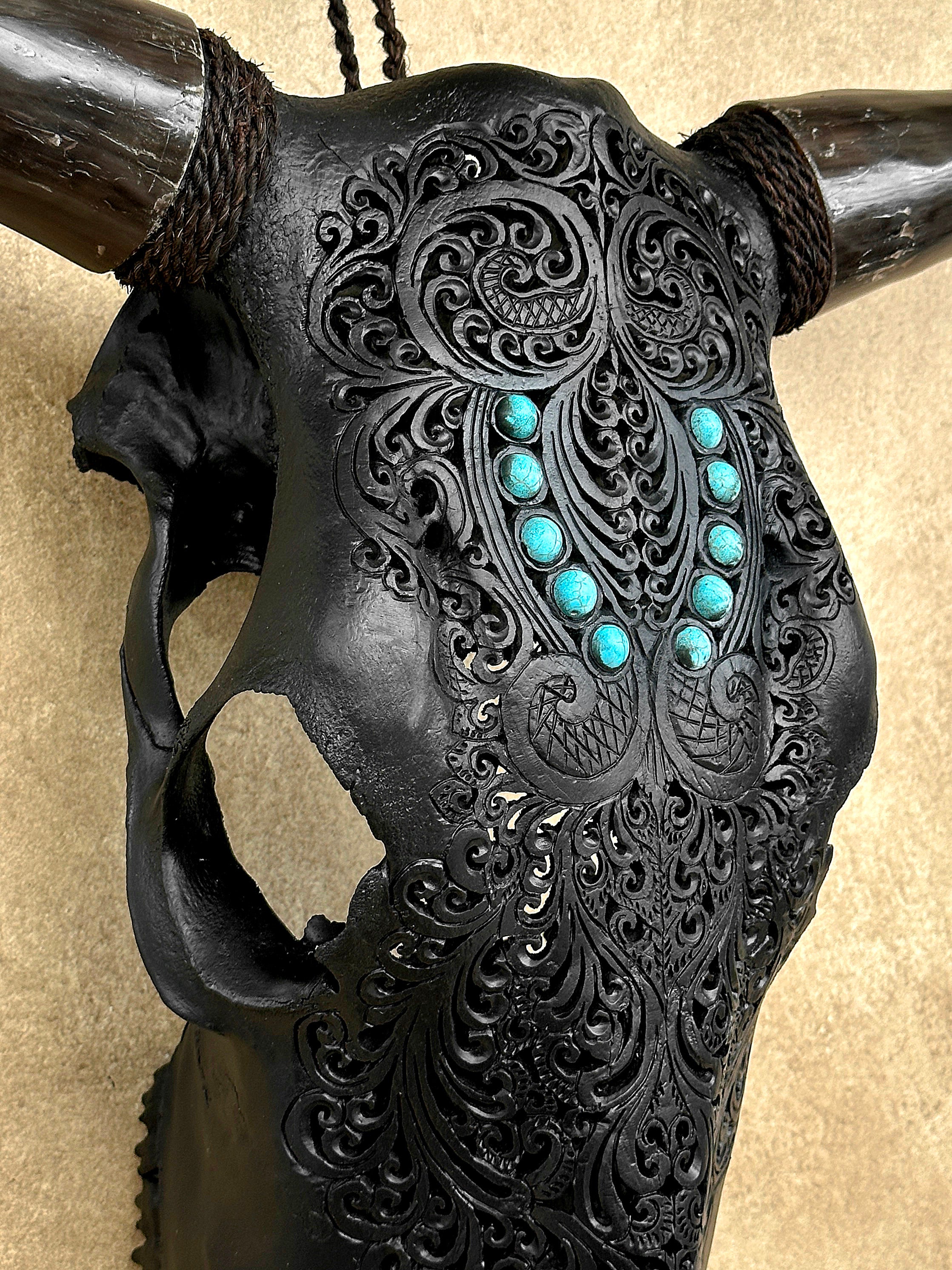 Carved Bull Skull with Turquoise Accents - Leaf motif | Skull,A/189