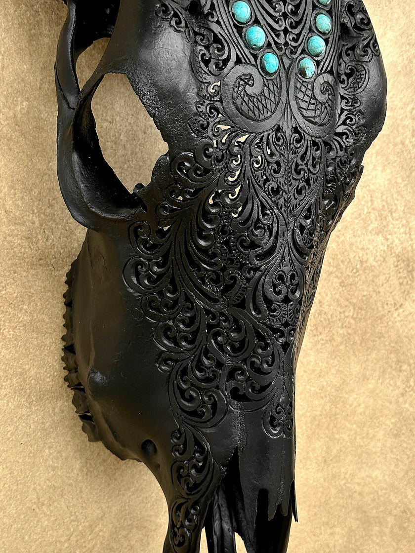 Carved Bull Skull with Turquoise Accents - Leaf motif | Skull,A/189