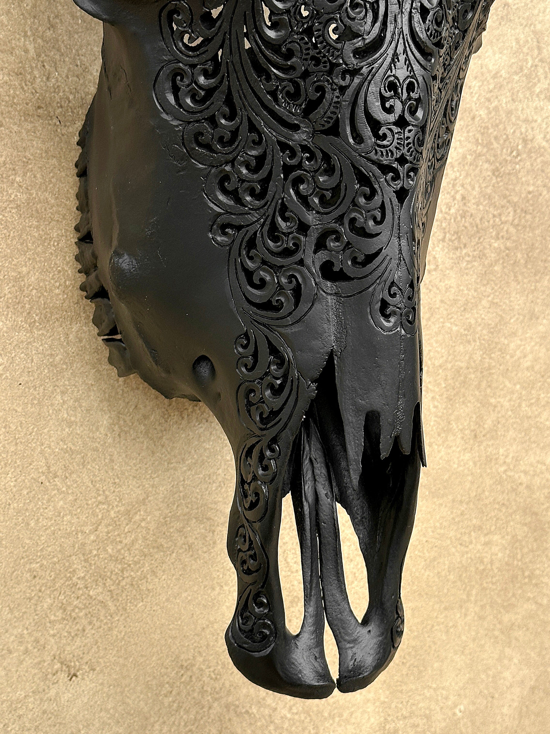 Carved Bull Skull with Turquoise Accents - Leaf motif | Skull,A/189