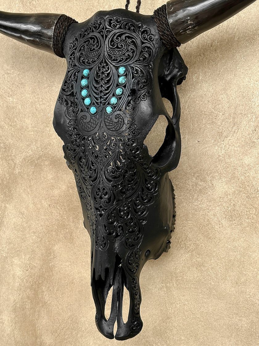 Carved Bull Skull with Turquoise Accents - Leaf motif | Skull,A/189
