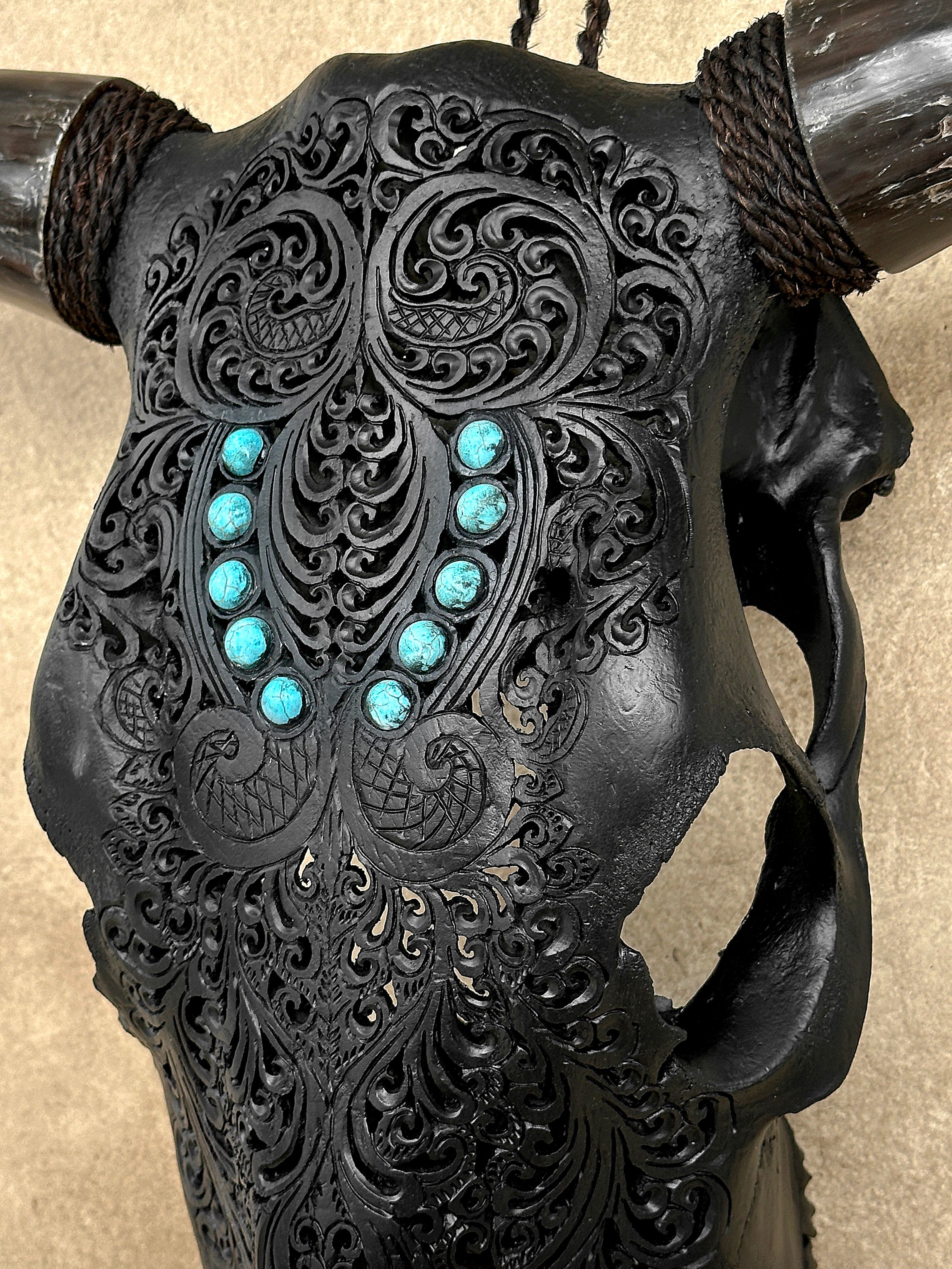 Carved Bull Skull with Turquoise Accents - Leaf motif | Skull,A/189